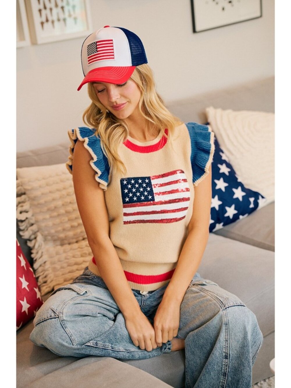 Americana Sequin Flag Knit Sweater Top NWT - Picture 4 of 10